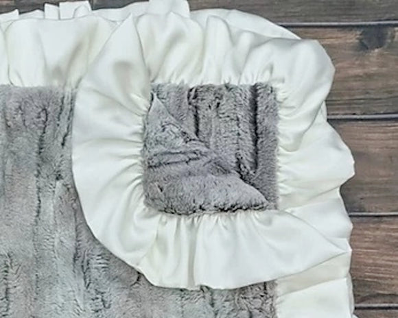 gray minky blanket, gray blanket with ivory trim, made in the usa