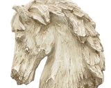  An 18-inch tall equestrian table centerpiece featuring a carved horse head statue crafted from polyresin with a distressed, antique white faux-wood texture.