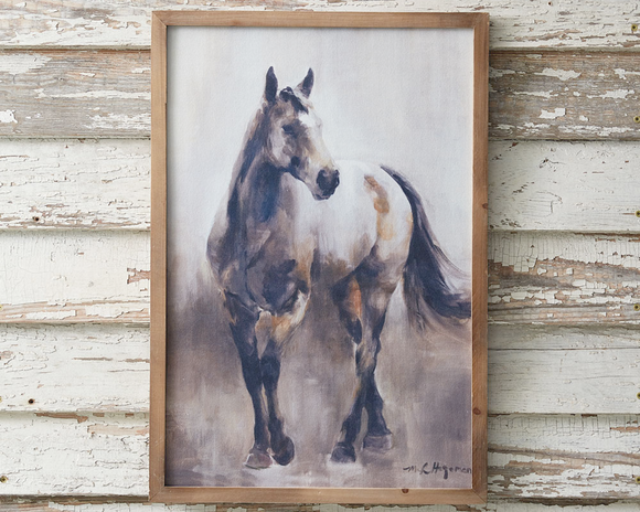 Neutral standing horse framed artwork decor

This horse wall art is a framed canvas print. It features a horse staring off in the distance flanked by neutral tones. It would add a nice touch to country and western decor. 

Materials:
Canvas, wood, hanging hardware

Dimensions:
16