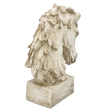 An 18-inch tall equestrian table centerpiece featuring a carved horse head statue crafted from polyresin with a distressed, antique white faux-wood texture.