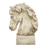 a gorgeous faux wood carved horse head statue on square block featuring shades of beige and dark creamy white