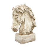 Front perspective of the rustic faux-driftwood horse head centerpiece showing detailed lines on the mane and the block pedestal base.