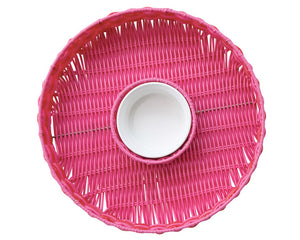 Hot pink woven plastic chip &amp; dip basket

Brighten up a buffet at your next event with this fun chip-and-dip basket. It features a woven hot pink plastic design and a white removable ceramic bowl. Its simplicity allows this serving piece to coordinate well with a variety of themes and decor styles.

Materials:
Plastic, ceramic

Dimensions:
3" high x 13 1/4" diameter
18 ounce bowl

Care:
Hand-wash only&nbsp;
