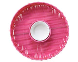Hot pink woven plastic chip &amp; dip basket

Brighten up a buffet at your next event with this fun chip-and-dip basket. It features a woven hot pink plastic design and a white removable ceramic bowl. Its simplicity allows this serving piece to coordinate well with a variety of themes and decor styles.

Materials:
Plastic, ceramic

Dimensions:
3" high x 13 1/4" diameter
18 ounce bowl

Care:
Hand-wash only&nbsp;