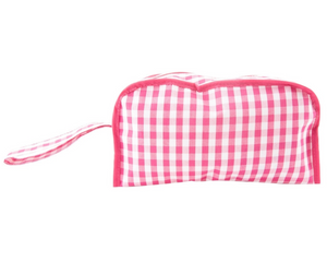 Preppy hot pink &amp; white gingham cosmetic bag

This pouch is one of our favorite picks for traveling! Boxy sides help this bag keep its kit-like shape, while the gingham print accents make it fun and a blank canvas for monogramming in a contrasting color. It comfortably holds makeup and travel sized toiletries.

Materials:
Cotton

Dimensions:
6" wide x 3" deep x 10" long