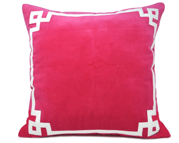 Large down-filled hot pink square preppy throw pillow

Hot pink heavy cotton velvet is accented with, in this case, white Greek key trim on the pillow front. This decorative pillow is crafted from 100% cotton velvet featuring hand-stitched trim in a Greek Key pattern. Soft velvet and cotton trim adds a luxurious texture element to this Old Hollywood-inspired pattern. These luxury pillows will make a statement in any room!

Materials:
Velvet, down-filled insert

Dimensions:
24