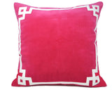 Large down-filled hot pink square preppy throw pillow

Hot pink heavy cotton velvet is accented with, in this case, white Greek key trim on the pillow front. This decorative pillow is crafted from 100% cotton velvet featuring hand-stitched trim in a Greek Key pattern. Soft velvet and cotton trim adds a luxurious texture element to this Old Hollywood-inspired pattern. These luxury pillows will make a statement in any room!

Materials:
Velvet, down-filled insert

Dimensions:
24" wide x 24" high