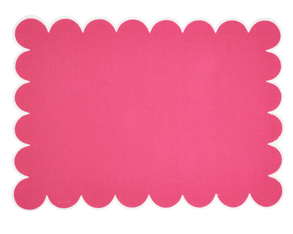 Hot pink scalloped hem dining table placemat

These lovely placemats are perfect for your Southern farmhouse dining area. Each placemat features a scalloped edge with a white hem along the border. These are a stylish way to romanticize the ordinary. 

These placemats are sold individually or in sets of four.

Materials:
Cotton blend

Dimensions:
14