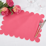 Hot pink scalloped hem dining table placemat

These lovely placemats are perfect for your Southern farmhouse dining area. Each placemat features a scalloped edge with a white hem along the border. These are a stylish way to romanticize the ordinary.&nbsp;

These placemats are sold individually or in sets of four.

Materials:
Cotton blend

Dimensions:
14" high x 20" wide
