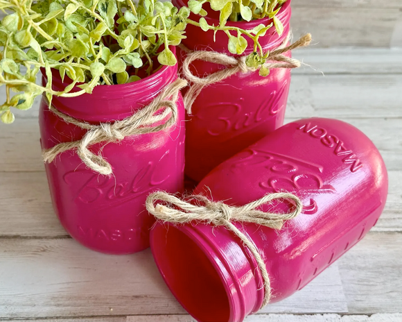 Hot pink hand-painted glass mason jars