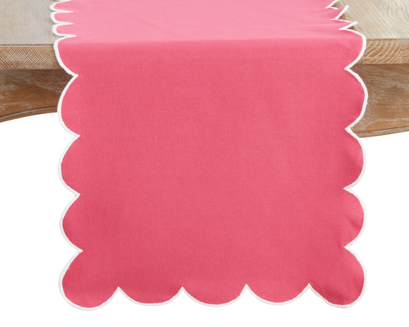Hot pink scalloped table runner

This scalloped table runner is designed to complement any setting with style. This hot pink table runner features a white border along the edge. It is a great accent for your everyday or seasonal table.

Materials:
Cotton blend

Dimensions:
16