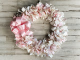 Shabby farmhouse chic rag wreath, Pink & ivory decorative fabric door wreaths, Entryway cottage home decor, Wedding shower decorations 