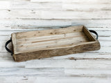 Long rustic wood bark tray with metal handles