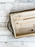 Long rustic wood bark tray with metal handles