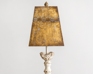 Add drama to an entryway with this gorgeous tall buffet lamp. The shade is made of metal in metallic tones, and the ornate lamp base is made of wood. The harp coordinates well with the shade. The lamp features an on/off rocker switch on the cord. It requires a 60-watt standard light bulb, which is not included. Pictures do not do this lamp justice.