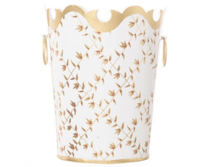 Ivory &amp; gold trellis wastebasket with handles

Enhance your space with our beautifully hand-painted metal wastepaper basket. Each basket is crafted with care, combining durability with stunning artistry, making them a perfect addition to any room.&nbsp;

Materials:
Metal

Dimensions:
8" diameter x 10" high