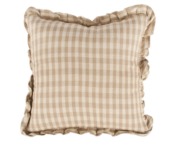 Checkered pillow with ruffled edges on a white background