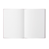 Open notebook with blank pages on a white background