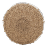 Woven coastal farmhouse jute pouf&nbsp;

This trendy pouf adds a modern bohemian style to your interior home decor. It features a balanced combination of jute and cotton in shades of tan, cream, and blue, giving your space a relaxed organic look.&nbsp;

Materials:
Jute, cotton

Dimensions:
10" high x 20" diameter
