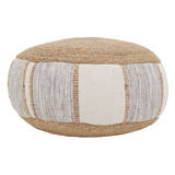 Woven coastal farmhouse jute pouf&nbsp;

This trendy pouf adds a modern bohemian style to your interior home decor. It features a balanced combination of jute and cotton in shades of tan, cream, and blue, giving your space a relaxed organic look.&nbsp;

Materials:
Jute, cotton

Dimensions:
10" high x 20" diameter