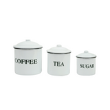 Store your coffee, tea, and sugar in style with these adorable canisters. Each canister is white and accented with black lettering. The largest canister has the word "coffee," the medium-sized canister features the word "tea," and the smallest canister has the word "sugar" on it. The lid is accented with a black rim. This canister set makes for a great wedding gift.

