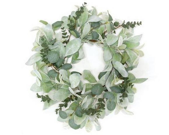 Decorative lamb's ear & eucalyptus miniature wreath

This decorative candle ring features a natural brown-wrapped base. The ring is filled with soft, frosted greenery in an assortment of shades and textures for a varied year-round display. Pair this ring with a candle for a tabletop display, or hang on a wall as a miniature wreath. The possibilities are endless!

Materials:
Foam, wire, fabric

Dimensions:
6 1/2