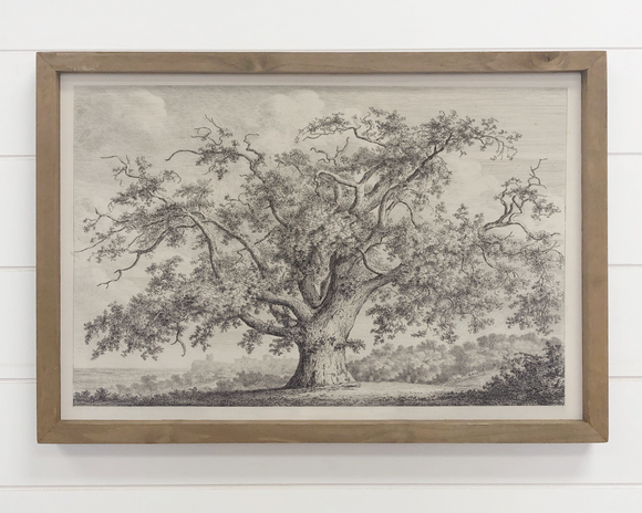 Framed black and white artwork of a tree on a white wall