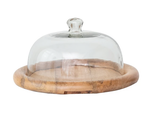 Wooden tray with a glass dome on a white background