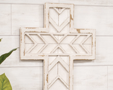 This layered wooden cross will add a touch of rustic grace to your space. It features a distressed white finish for a vintage look and sports a layered wood pattern of simple angles. Pair this lovely cross with faith-based signs and watercolor accents for a beautiful, spiritual display. It comes with two D-ring hangers for hanging.

Materials:
Wood, hanging hardware

Dimensions:
15 3/4" wide x 1/2" deep x 24" long