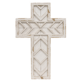 Decorative wooden cross with geometric patterns on a white background