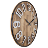 Large wooden wall hanging clock

This large industrial wall clock has a real wooden clock face with a visible natural wood grain pattern. The combination of oversized silver numbers set in slim black metal rims and black hands gives it a rural, yet modern sophisticated touch. This clock runs on one AA battery, which is not included with your purchase.

Materials:
Wood, metal

Dimensions:
20" diameter