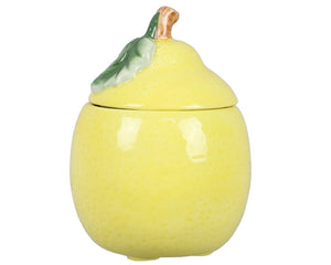 Yellow ceramic jar shaped like a lemon with a lid on a white background