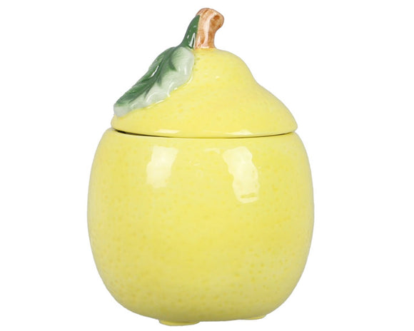 Yellow ceramic jar shaped like a lemon with a lid on a white background