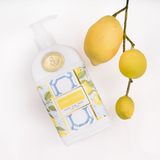 Hand and body lotion bottle with lemon design on a white background