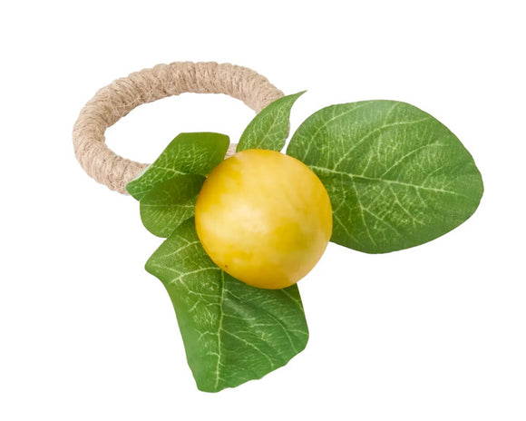 Set of 4 lemon napkin rings

Use this lovely, whimsical set of lemon napkin rings to add a dash of freshness to your table settings. It will also bring beautiful color, featuring vivid hues. The rope ring ties everything nicely together with a subdued tone.

These napkin rings are sold in sets of four.

Materials:
Fabric, plastic, rope

Dimensions:
1 1/2
