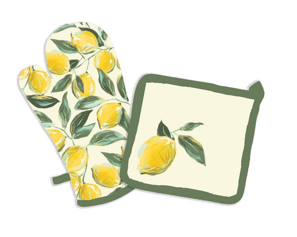 Oven mitt and pot holder with lemon design on a white background