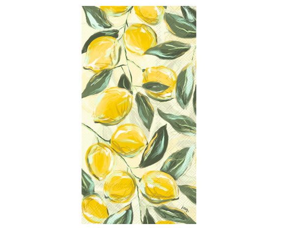 Towel with lemon and leaf pattern on a white background