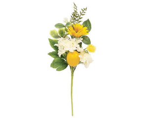  Add a cheery pop of color to your space with these lovely artificial sprays. Each pick has a green-wrapped wire stem that can be bent as desired and it is accented by plastic leaves, fabric flowers, lemons and a sunflower. These picks look great displayed in milk cans, vases, or buckets, and they are a great choice for a simple centerpiece or addition to an arrangement. 