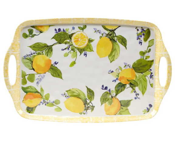  This tray is a vibrant and refreshing addition to your home essentials. It is adorned with beautifully rendered lemon illustrations, complete with lush green leaves and delicate purple flowers, evoking the sun-drenched groves of Italy or the quaint countryside gardens of France.
 