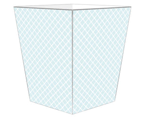 Light blue &amp; white geometric trash can

Enhance your space with our beautifully hand-painted wood wastepaper basket. Each basket is crafted with care, combining durability with stunning artistry, making them a perfect addition to any room. The artwork is hand-cut, decoupaged, and polished by a small team of artisans in Texas. Each wastepaper basket is carefully painted silver around the edges as the perfect finishing touch.

This item is proudly made in the USA.