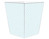 Light blue &amp; white geometric trash can

Enhance your space with our beautifully hand-painted wood wastepaper basket. Each basket is crafted with care, combining durability with stunning artistry, making them a perfect addition to any room. The artwork is hand-cut, decoupaged, and polished by a small team of artisans in Texas. Each wastepaper basket is carefully painted silver around the edges as the perfect finishing touch.

This item is proudly made in the USA.