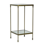 Small table with glass top and bottom shelf on a white background