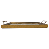 Rectangular metal tray with handles on a white background with William Morris design