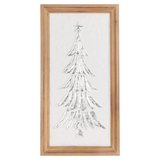 Add timeless Christmas charm with this gorgeous wall hanging. It features a silver metal tree embossed on top of a creamy white background and is flanked in a wooden frame. At almost 2 feet long, this wall art is large enough to display in a living room or dining room.

Materials:
Metal, wood

Dimensions:
12" wide x 1" deep x 23" long