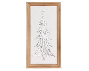 Add timeless Christmas charm with this gorgeous wall hanging. It features a silver metal tree embossed on top of a creamy white background and is flanked in a wooden frame. At almost 2 feet long, this wall art is large enough to display in a living room or dining room.

Materials:
Metal, wood

Dimensions:
12" wide x 1" deep x 23" long