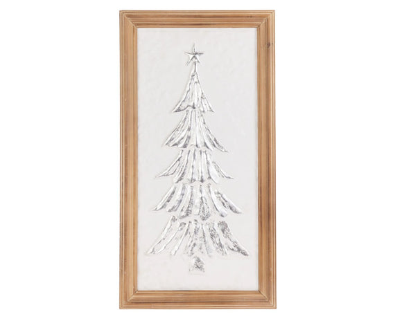 Add timeless Christmas charm with this gorgeous wall hanging. It features a silver metal tree embossed on top of a creamy white background and is flanked in a wooden frame. At almost 2 feet long, this wall art is large enough to display in a living room or dining room.

Materials:
Metal, wood

Dimensions:
12