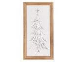 Add timeless Christmas charm with this gorgeous wall hanging. It features a silver metal tree embossed on top of a creamy white background and is flanked in a wooden frame. At almost 2 feet long, this wall art is large enough to display in a living room or dining room.

Materials:
Metal, wood

Dimensions:
12" wide x 1" deep x 23" long