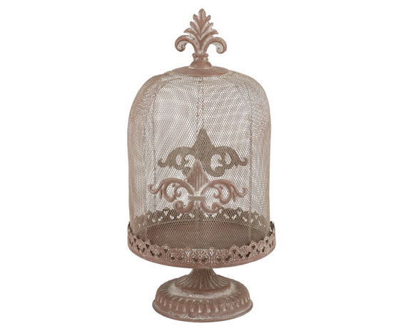 Decorative metal bell jar with intricate design on a white background