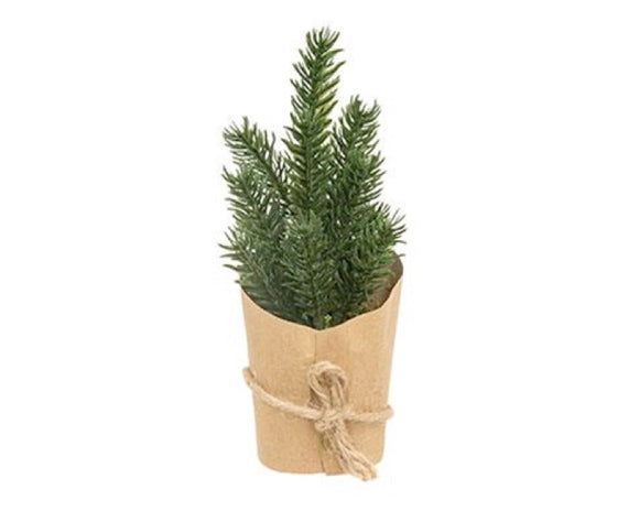This miniature tree makes a sweet and simple addition sitting on a riser or tray, or dotted along a shelf or mantle during the holidays. Sold individually, each artificial tree is wrapped in thick brown paper, tied with jute string, and features a dark green coloring.

Materials:
Wire, plastic, paper. jute

Dimensions:
2 3/4