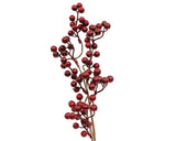 A decorative artificial berry branch with clusters of small glossy dark red berries on thin brown stems, isolated on a white background.